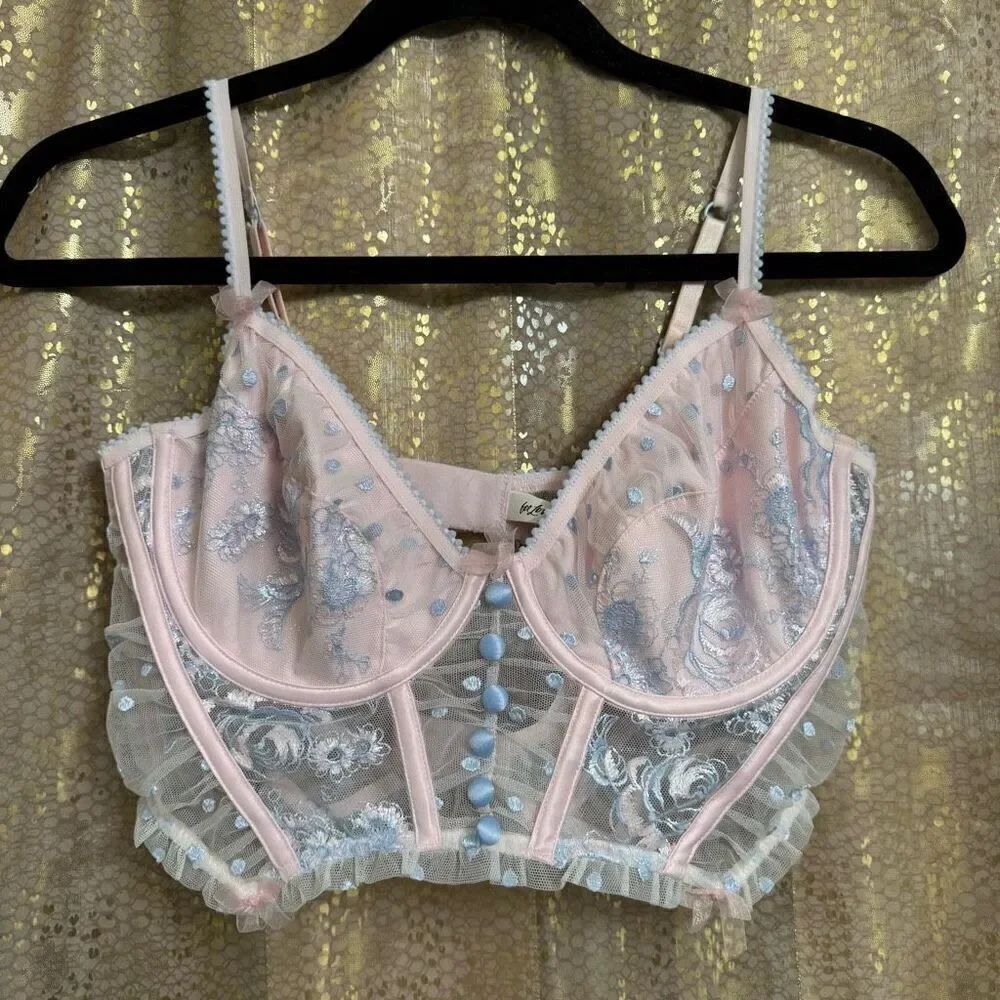 VS For Love & Lemons Foil Rose Pink Blue Sheer Mesh Bustier Coquette Top Large